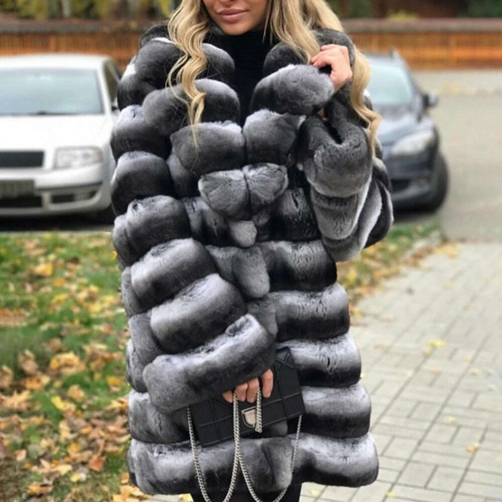 KIMLUD, 90cm Long Real Rex Rabbit Fur Coat With Turn-down Collar Winter Fashion Chinchilla Color Genuine Rex Rabbit Fur Coats Outwear, KIMLUD Womens Clothes