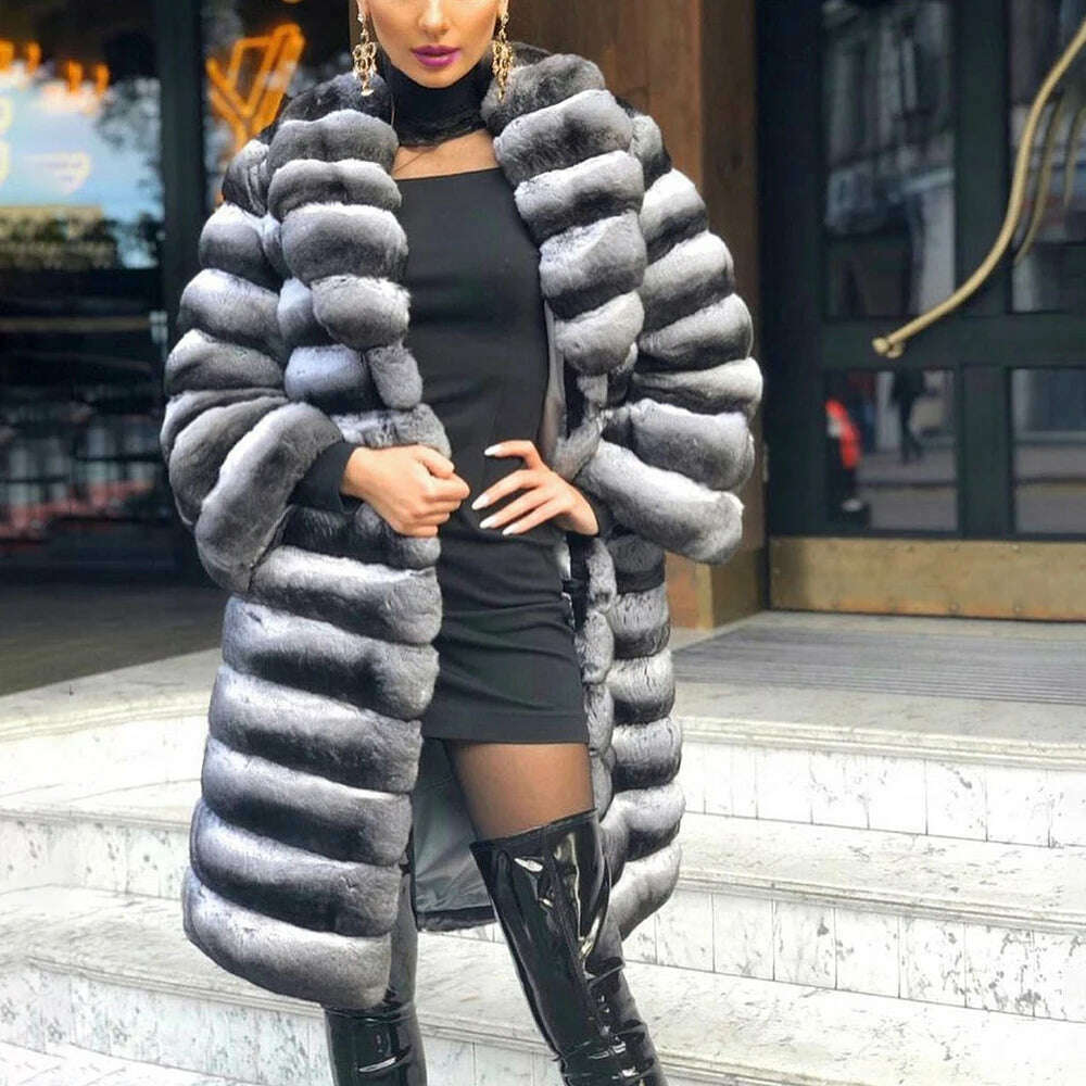 KIMLUD, 90cm Long Real Rex Rabbit Fur Coat With Turn-down Collar Winter Fashion Chinchilla Color Genuine Rex Rabbit Fur Coats Outwear, KIMLUD Womens Clothes