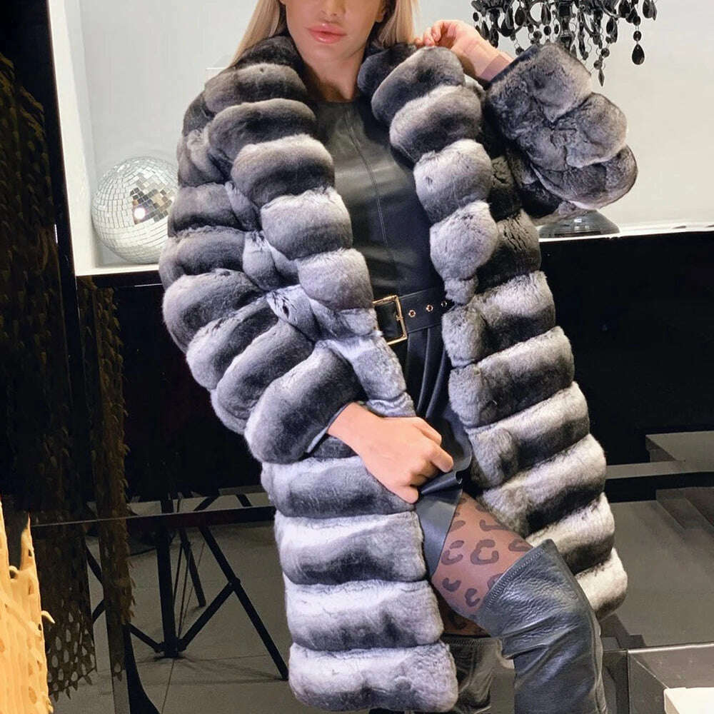 KIMLUD, 90cm Long Real Rex Rabbit Fur Coat With Turn-down Collar Winter Fashion Chinchilla Color Genuine Rex Rabbit Fur Coats Outwear, KIMLUD Womens Clothes
