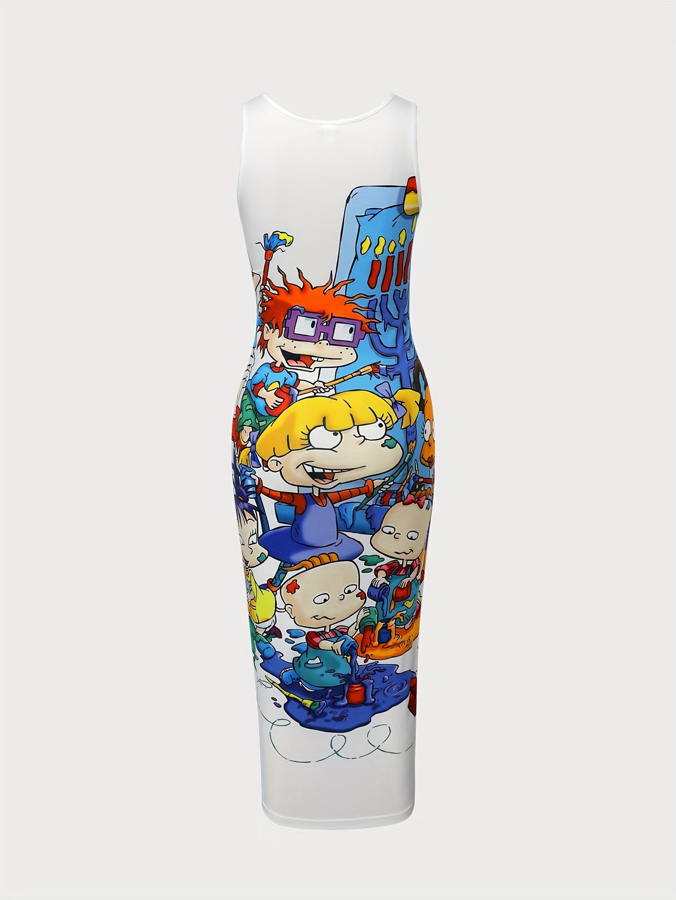 Cartoon Character Print Tank Dress, Casual Crew Neck Sleeveless Bodycon Dress, Women's Clothing