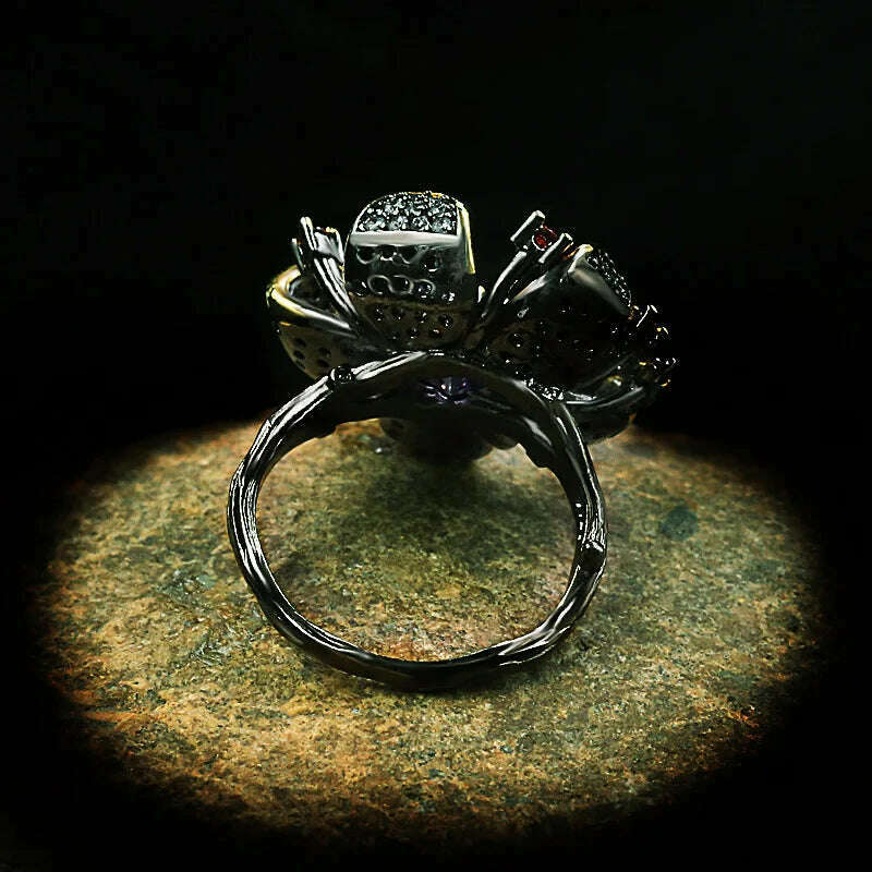 925 Stamp New Unique Purple Diamond Flower-Shaped Black Gold Ring Zircon Shiny Jewelry Elegant Party Women's - KIMLUD
