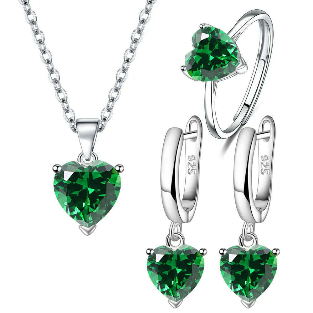 KIMLUD, 925 Sterling Silver Jewelry Sets For Women Heart Zircon Ring Earrings Necklace Wedding Bridal Elegant Christmas Free Shipping, green, KIMLUD Womens Clothes