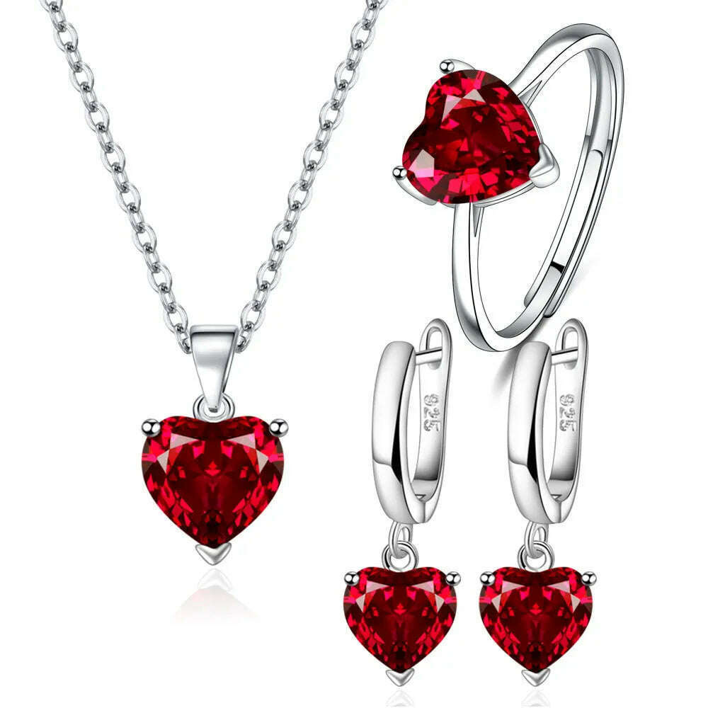 KIMLUD, 925 Sterling Silver Jewelry Sets For Women Heart Zircon Ring Earrings Necklace Wedding Bridal Elegant Christmas Free Shipping, Red, KIMLUD Women's Clothes