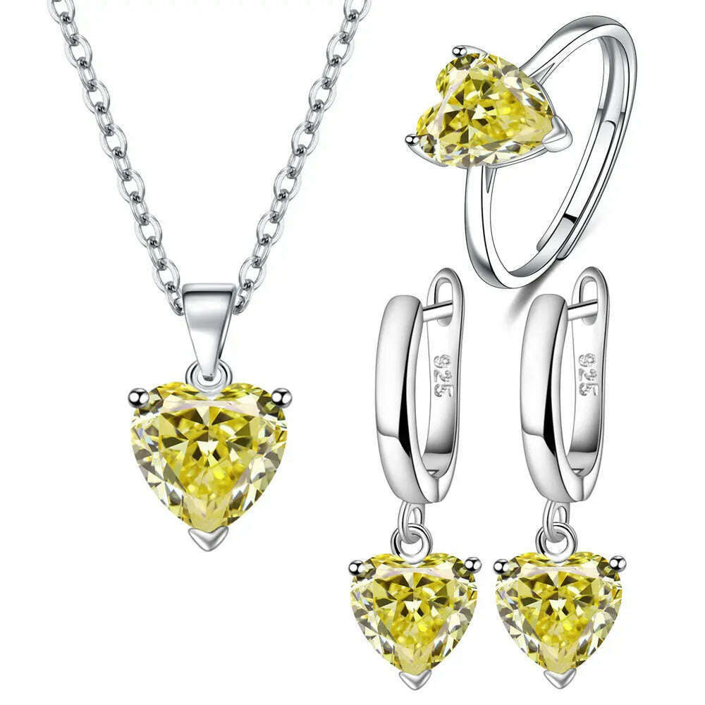 KIMLUD, 925 Sterling Silver Jewelry Sets For Women Heart Zircon Ring Earrings Necklace Wedding Bridal Elegant Christmas Free Shipping, Yellow, KIMLUD Womens Clothes
