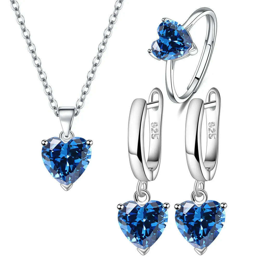 KIMLUD, 925 Sterling Silver Jewelry Sets For Women Heart Zircon Ring Earrings Necklace Wedding Bridal Elegant Christmas Free Shipping, Blue, KIMLUD Women's Clothes
