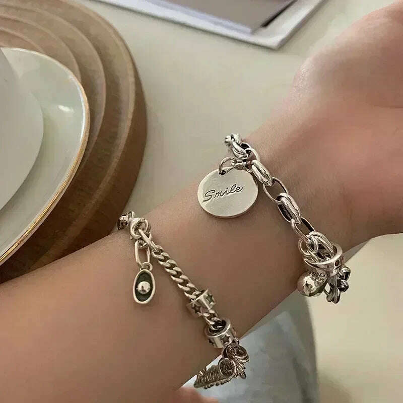 KIMLUD, 925 Sterling Silver Thai Silver Bracelet for Women Vintage Geometric Heart Love Lucky Punk Jewelry 2023 New Dropshipping, KIMLUD Womens Clothes
