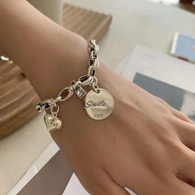 KIMLUD, 925 Sterling Silver Thai Silver Bracelet for Women Vintage Geometric Heart Love Lucky Punk Jewelry 2023 New Dropshipping, love bracelet A, KIMLUD Womens Clothes
