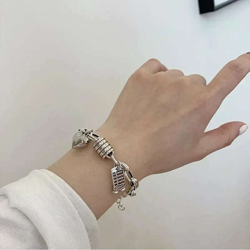 KIMLUD, 925 Sterling Silver Thai Silver Bracelet for Women Vintage Geometric Heart Love Lucky Punk Jewelry 2023 New Dropshipping, KIMLUD Women's Clothes