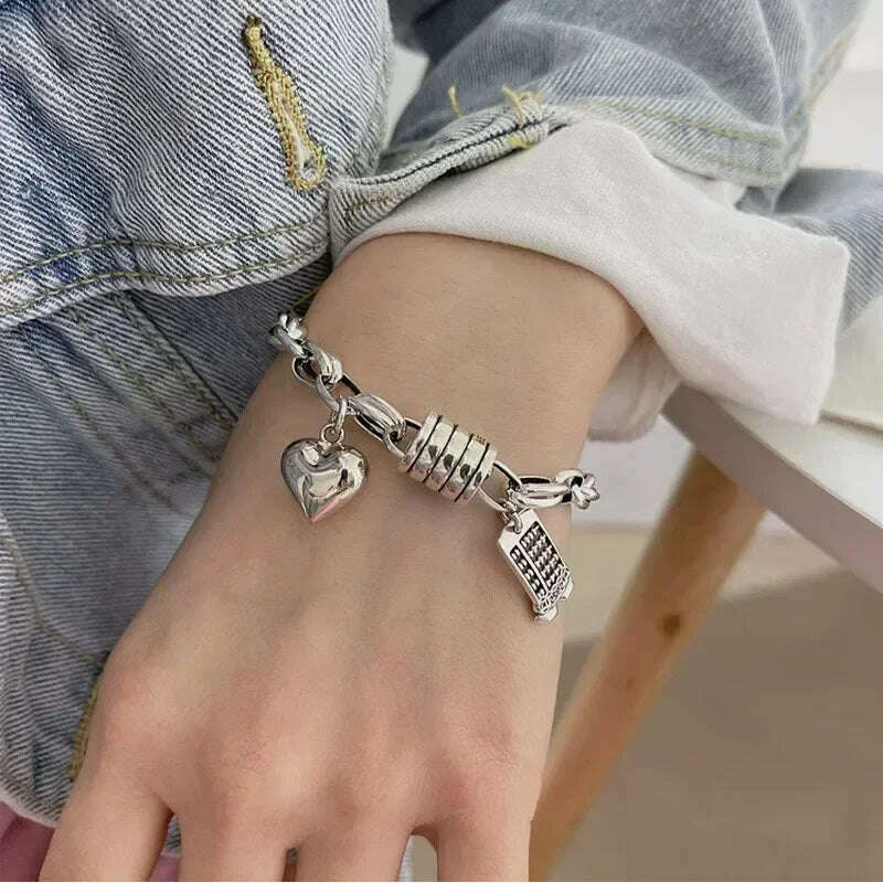 KIMLUD, 925 Sterling Silver Thai Silver Bracelet for Women Vintage Geometric Heart Love Lucky Punk Jewelry 2023 New Dropshipping, love bracelet B, KIMLUD Women's Clothes