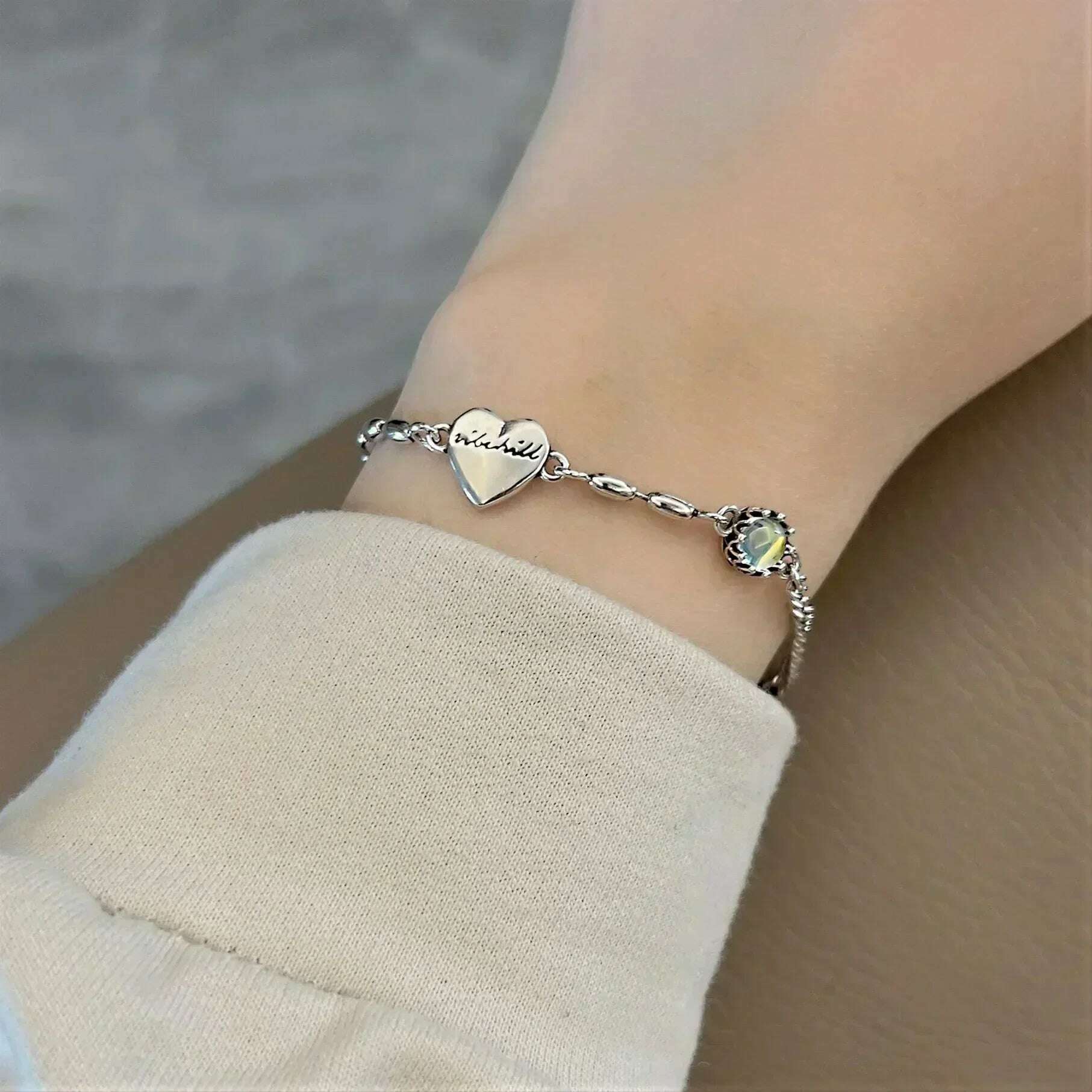KIMLUD, 925 Sterling Silver Thai Silver Bracelet for Women Vintage Geometric Heart Love Lucky Punk Jewelry 2023 New Dropshipping, love bracelet D, KIMLUD Women's Clothes