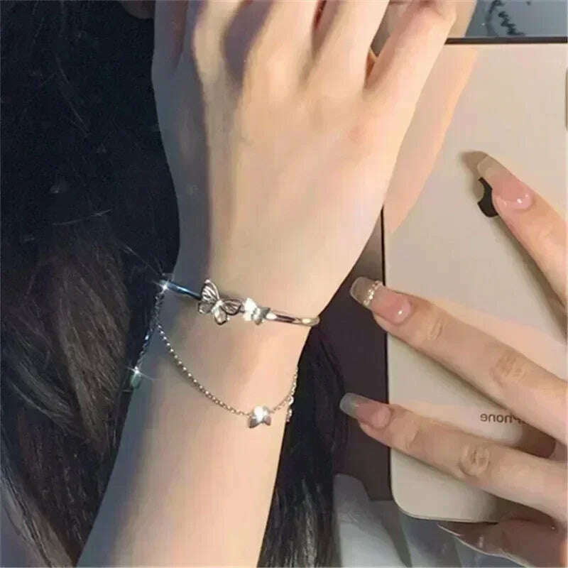 KIMLUD, 925 Sterling Silver Thai Silver Bracelet for Women Vintage Geometric Heart Love Lucky Punk Jewelry 2023 New Dropshipping, butterfly, KIMLUD Womens Clothes