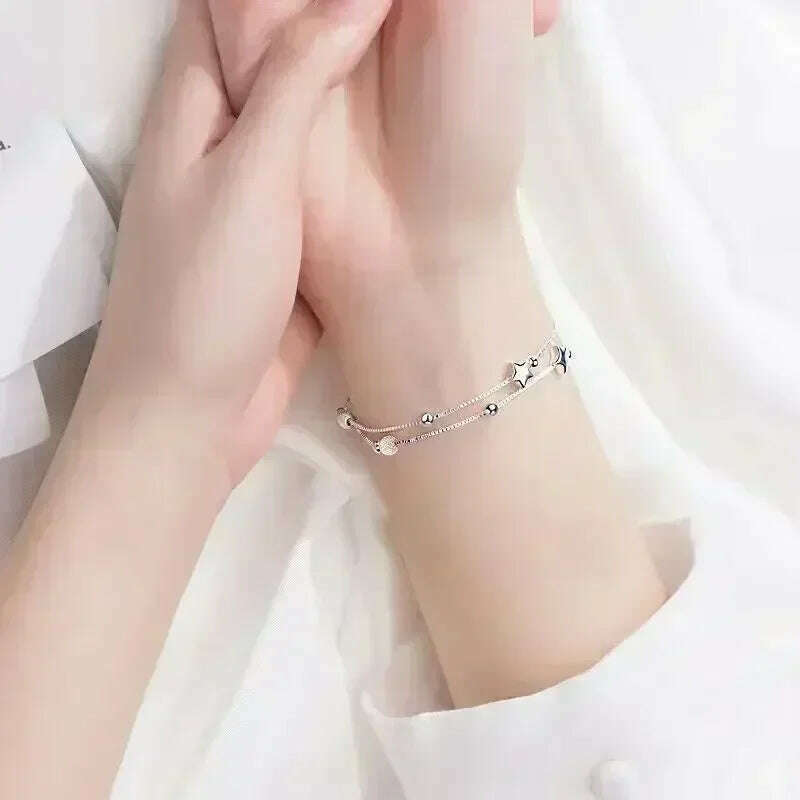 KIMLUD, 925 Sterling Silver Thai Silver Bracelet for Women Vintage Geometric Heart Love Lucky Punk Jewelry 2023 New Dropshipping, Glossy bead, KIMLUD Womens Clothes
