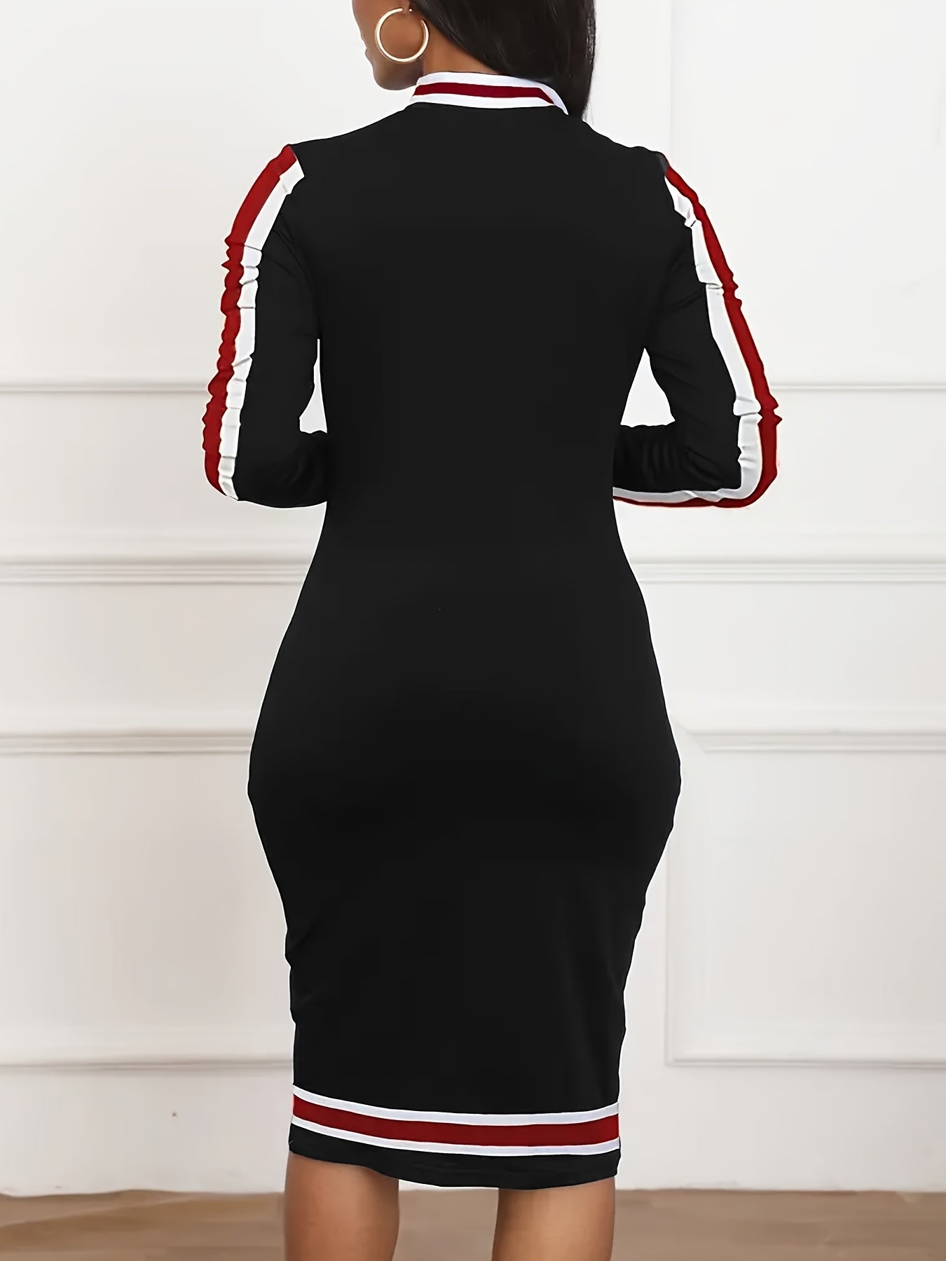 Women's Black & White Stripe - Stretchy Bodycon Dress, Machine Washable Formal & Everyday Outfits - Elegant Women's Clothing, Stylish Casual Wear, Chic Style, Sleek Texture, Trendy Outfit, Office Professionals, Work Attire, H