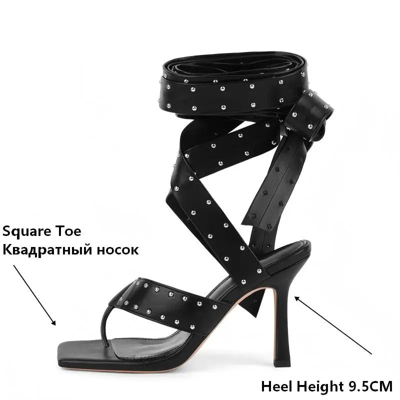 Artificial Leather Gladiator Sandals Lace-Up Wrap Straps Studded Rivet Thong — Black | KIMLUD