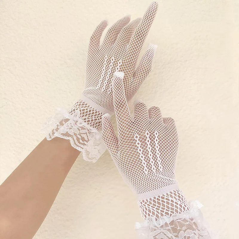 KIMLUD, Women Black White Summer Uv-proof Driving Gloves Female Thin Fishnet Mesh Gloves Fashion Ruffle Full Finger Lace Mittens, KIMLUD Womens Clothes
