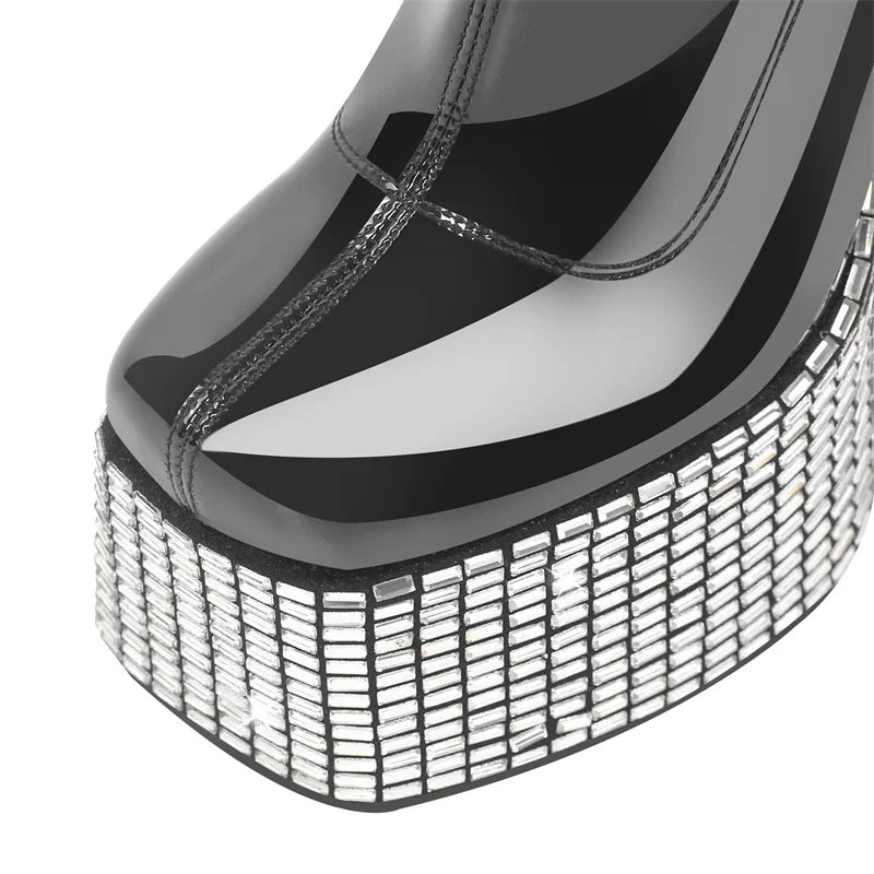 Onlymaker Woman Platform Rhinestone Ankle Boots Square Toe Chunky Booties Thick High Heels Side Zip Mixed Colors Punk Boots