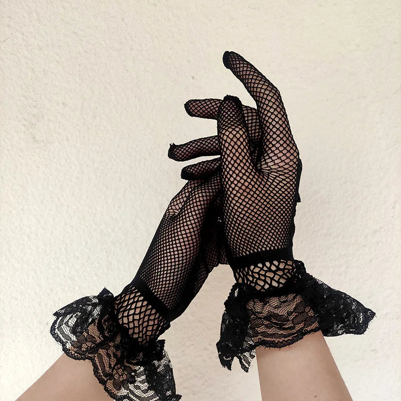 KIMLUD, Women Black White Summer Uv-proof Driving Gloves Female Thin Fishnet Mesh Gloves Fashion Ruffle Full Finger Lace Mittens, Black / One Size, KIMLUD Womens Clothes