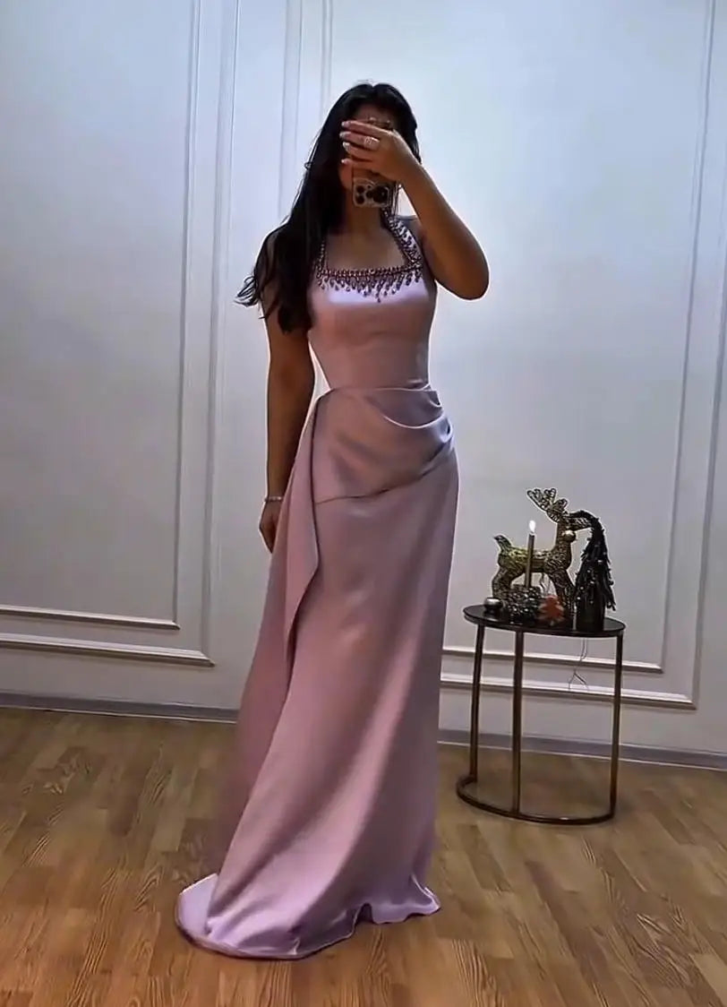Halter Evening Dress – Rhinestone Beaded – Satin – Purple | KIMLUD