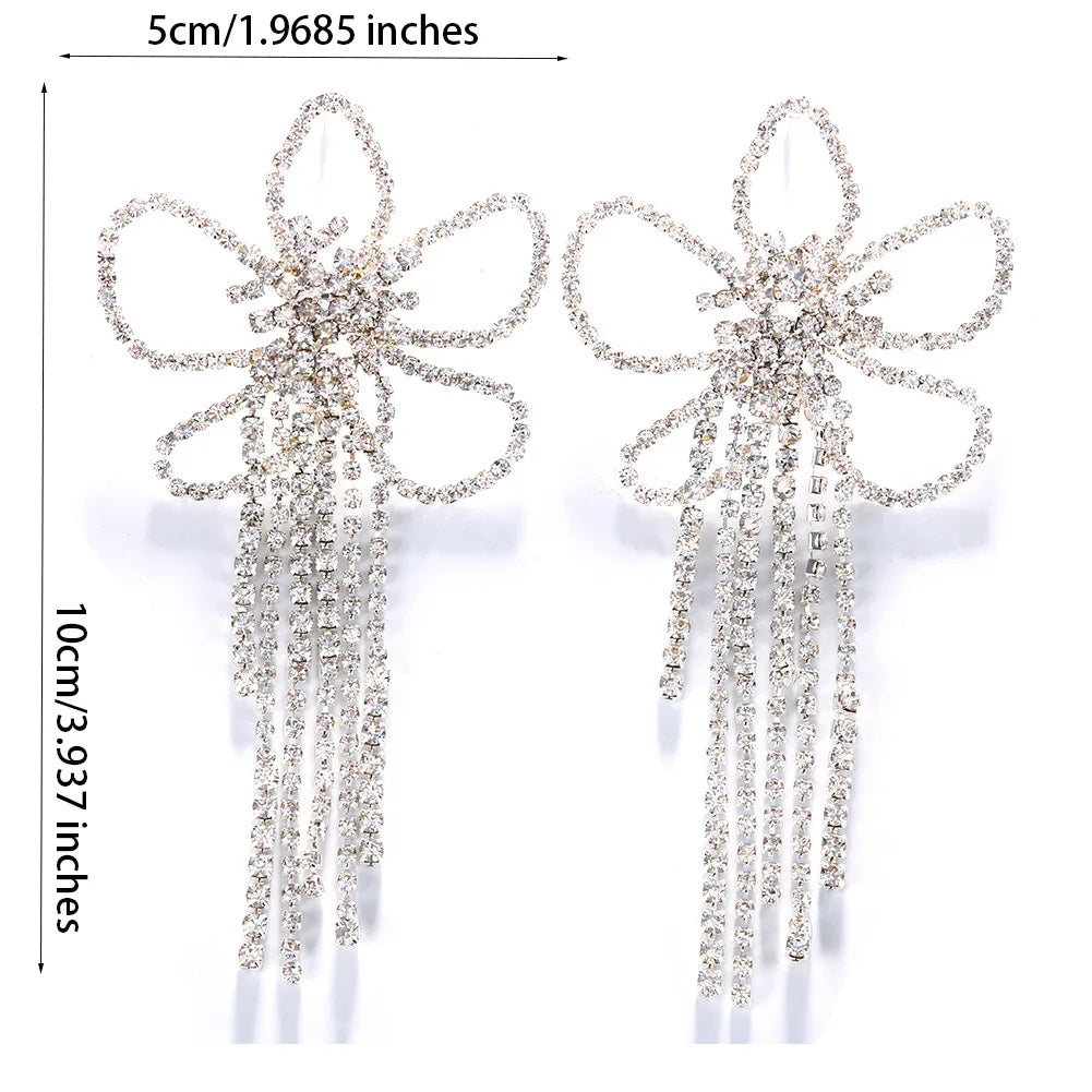 Statement Earrings Rhinestone Flower Design Long Tassel — Multicolor | KIMLUD