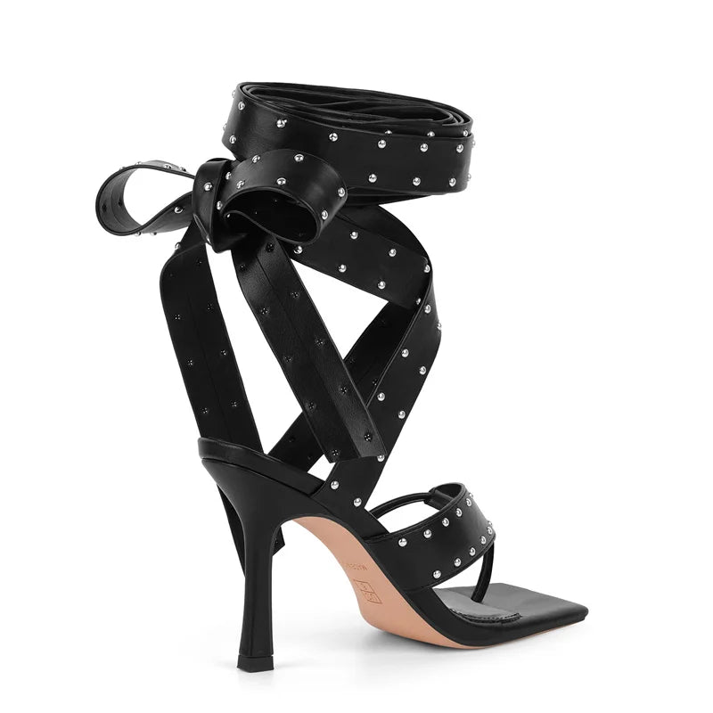 Artificial Leather Gladiator Sandals Lace-Up Wrap Straps Studded Rivet Thong — Black | KIMLUD