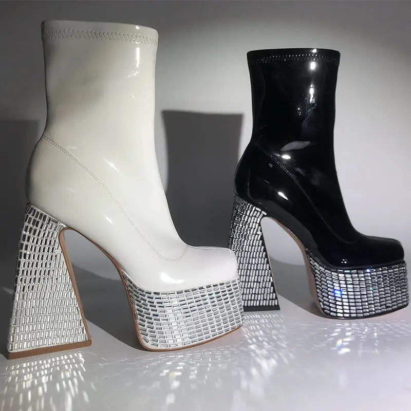 Onlymaker Woman Platform Rhinestone Ankle Boots Square Toe Chunky Booties Thick High Heels Side Zip Mixed Colors Punk Boots