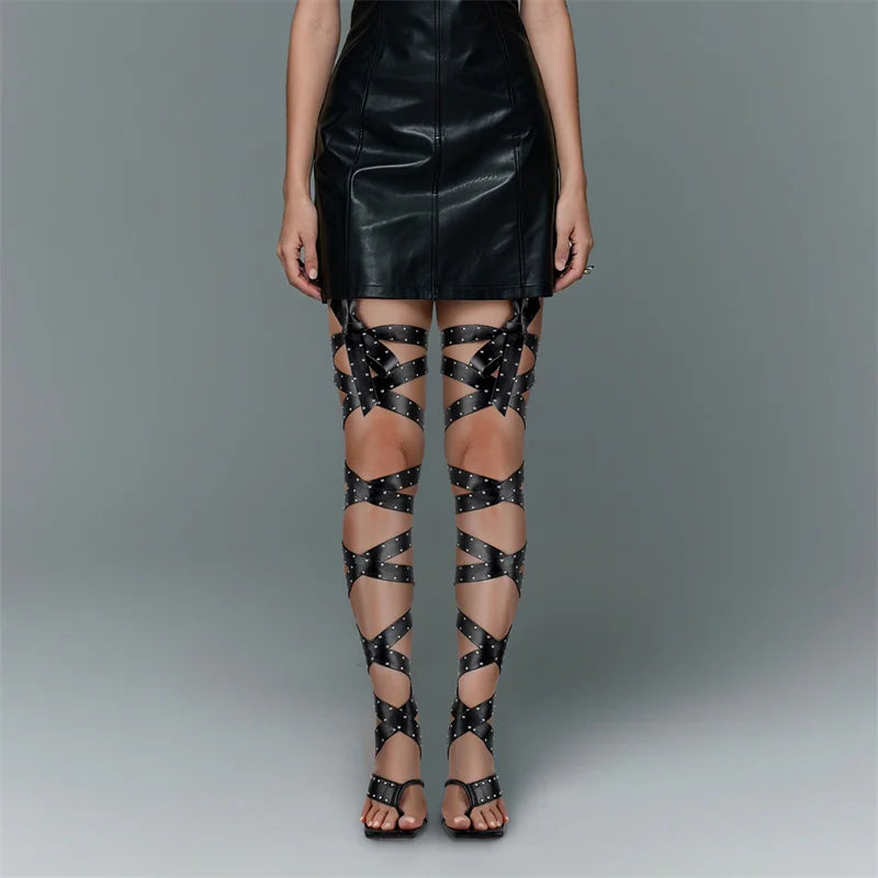 Artificial Leather Gladiator Sandals Lace-Up Wrap Straps Studded Rivet Thong — Black | KIMLUD