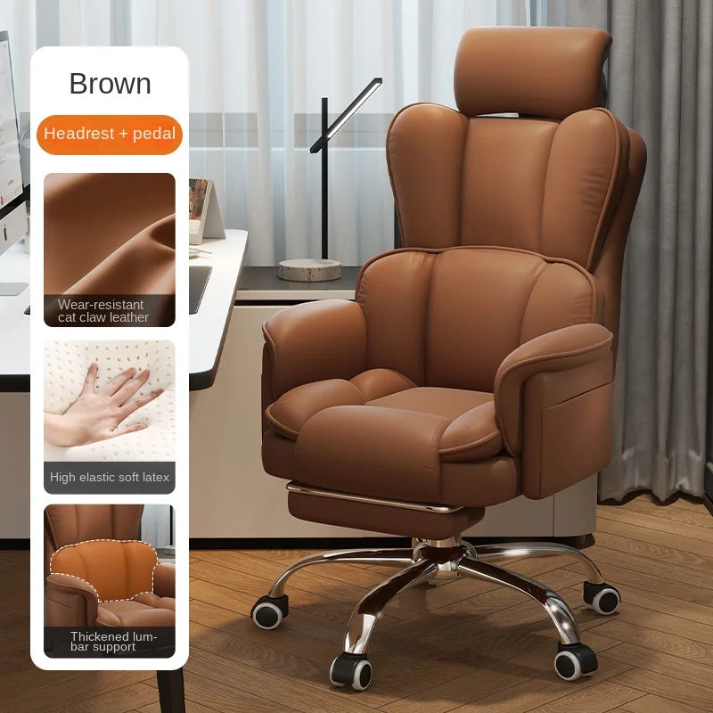 PU Leather Office Chair Ergonomic With Footrest — Caramel Brown | KIMLUD