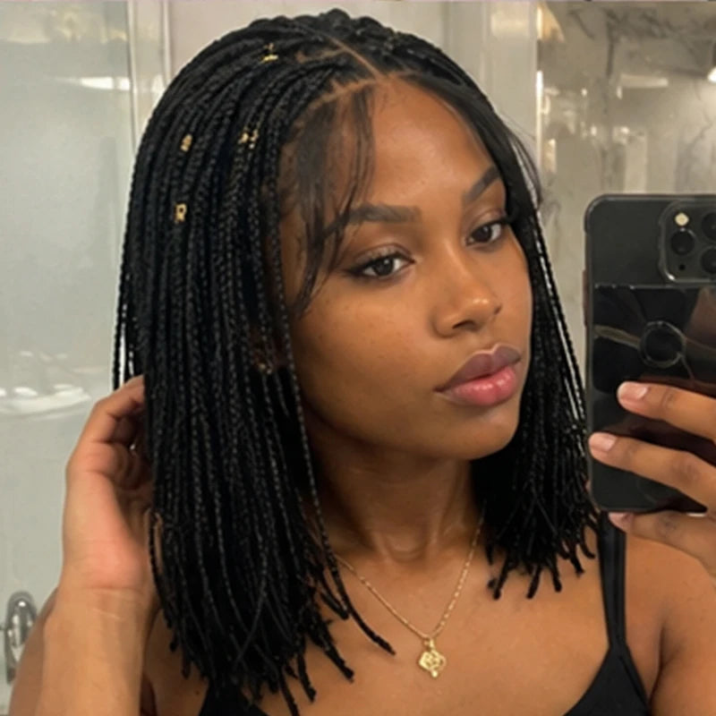 Lace Front Wig – 12 Inch Short Braided – Shoulder Length Bob – Black | KIMLUD