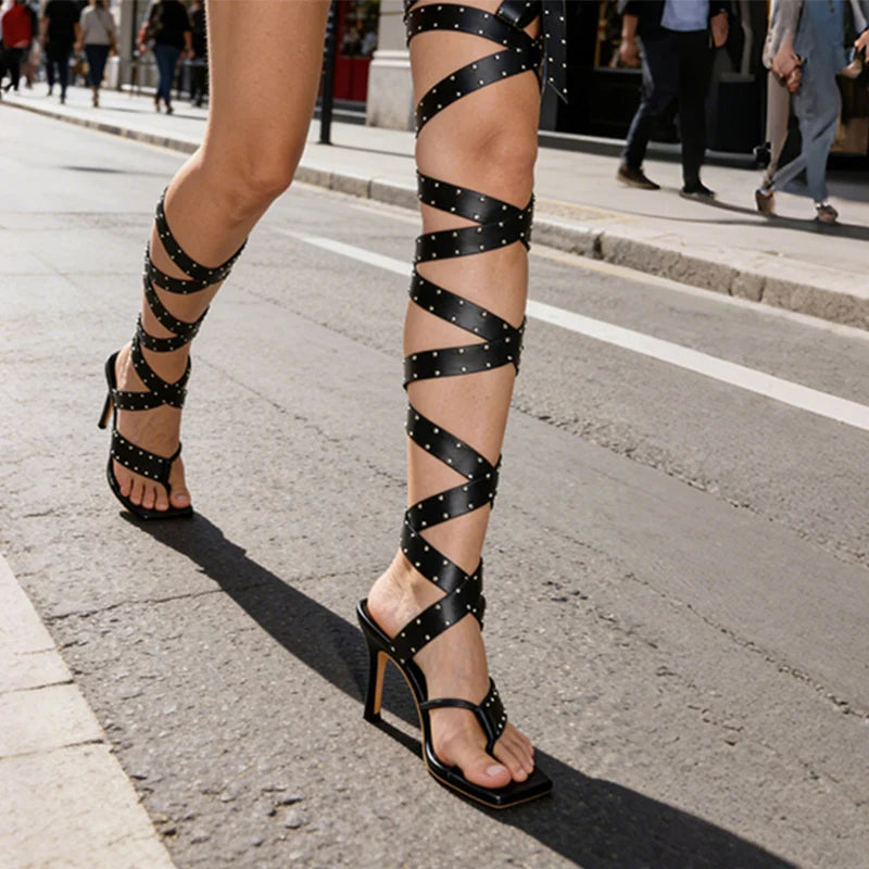 Artificial Leather Gladiator Sandals Lace-Up Wrap Straps Studded Rivet Thong — Black | KIMLUD