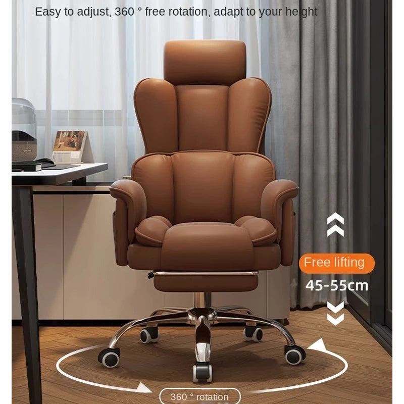 PU Leather Office Chair Ergonomic With Footrest — Caramel Brown | KIMLUD