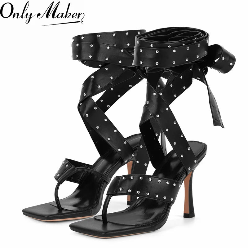 Artificial Leather Gladiator Sandals Lace-Up Wrap Straps Studded Rivet Thong — Black | KIMLUD