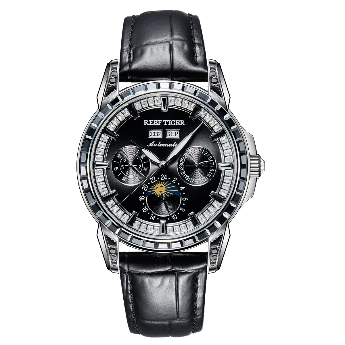 Moonphase Automatic Watch Diamonds Bezel Leather Strap — Blue | KIMLUD