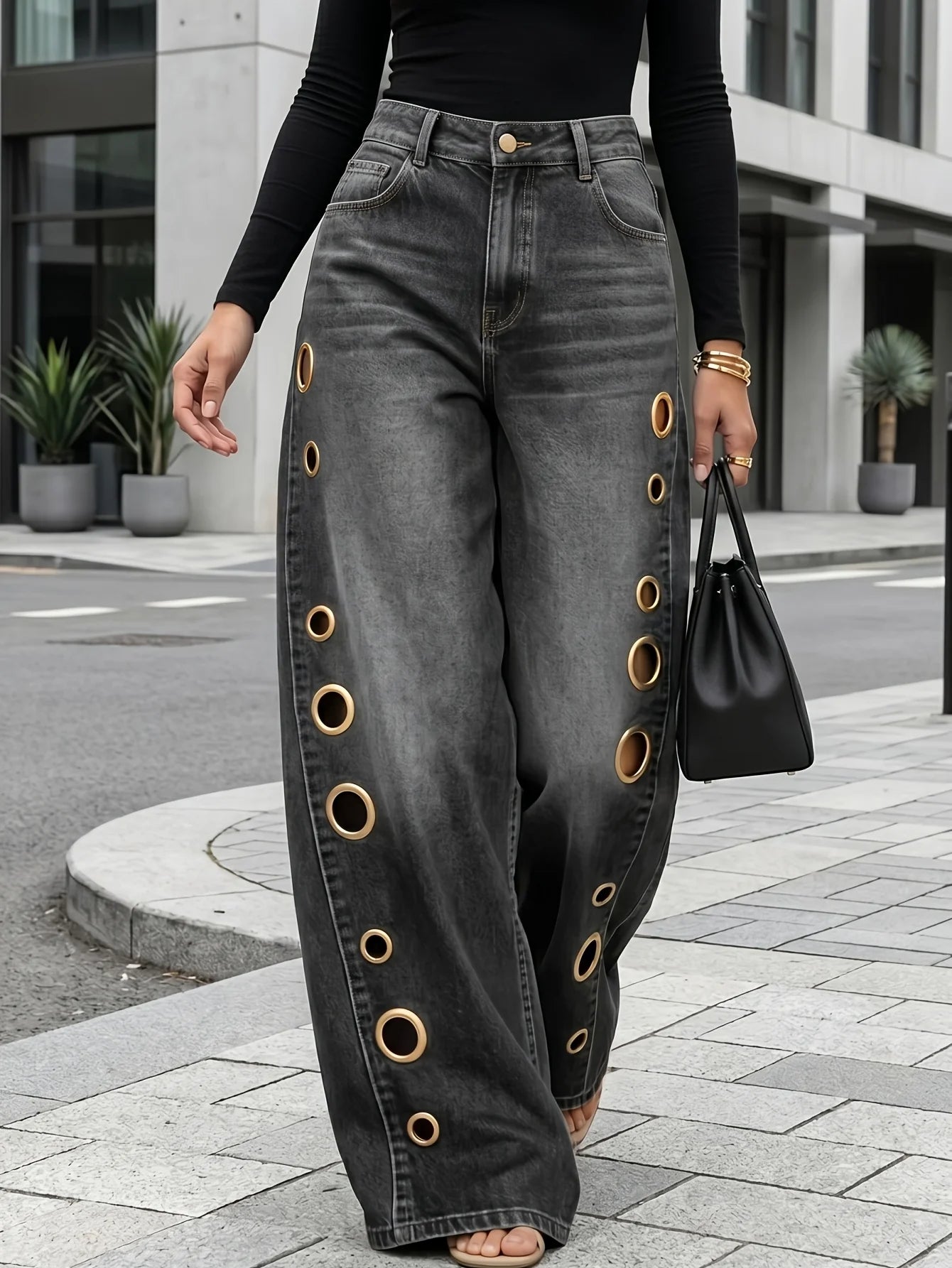 Wide-Leg Jeans – Metallic Eyelets – Denim | KIMLUD
