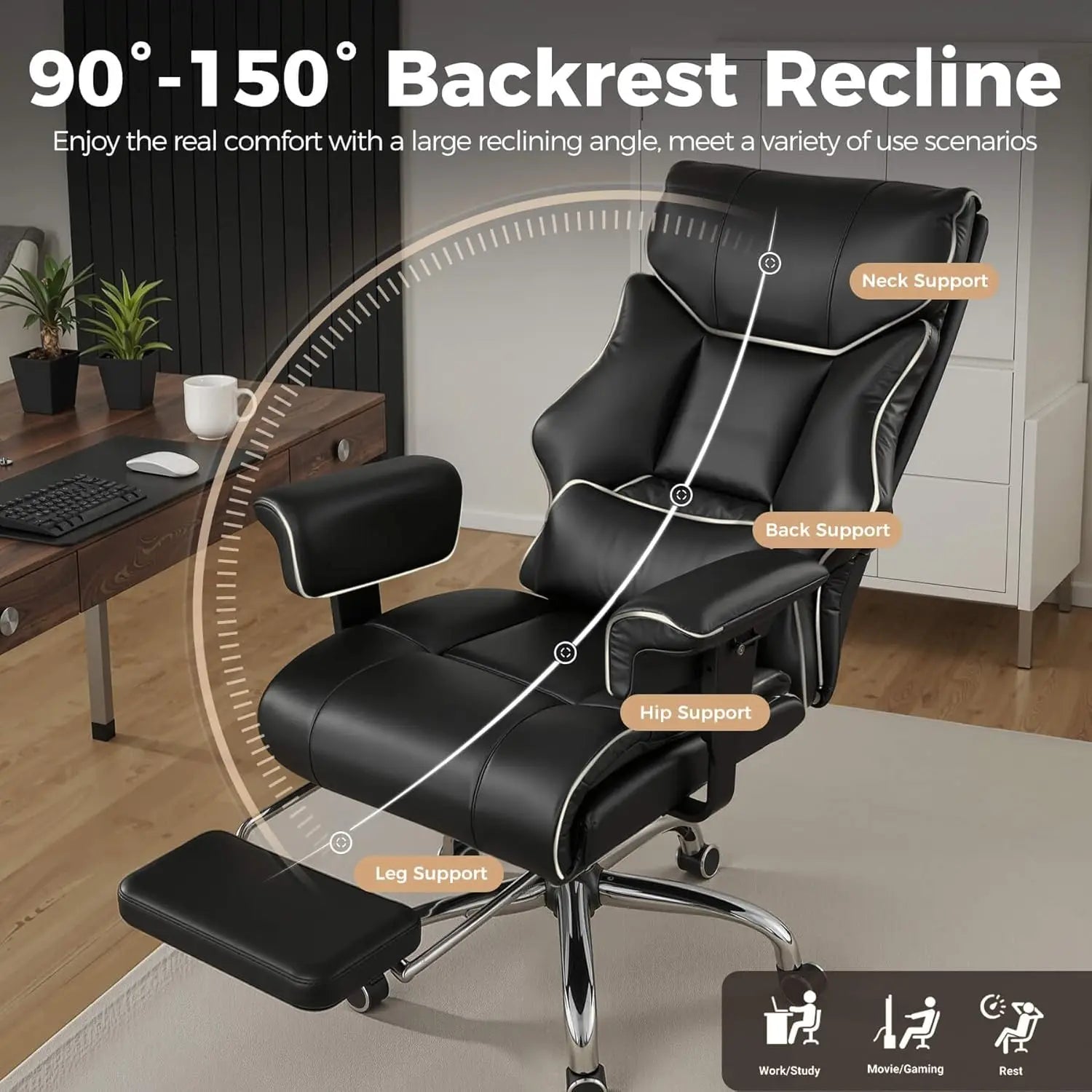 COMHOMA Big and Tall Office Chair 400lbs High Back Leather Executive Chair with Ergonomic Lumbar Support & Pocket Spring Cushion