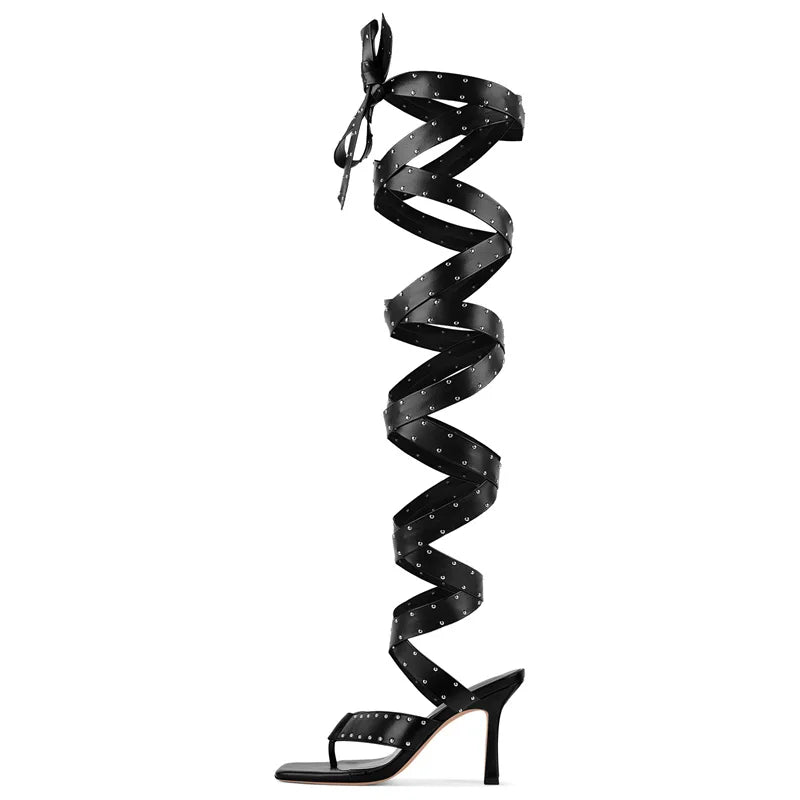 Artificial Leather Gladiator Sandals Lace-Up Wrap Straps Studded Rivet Thong — Black | KIMLUD