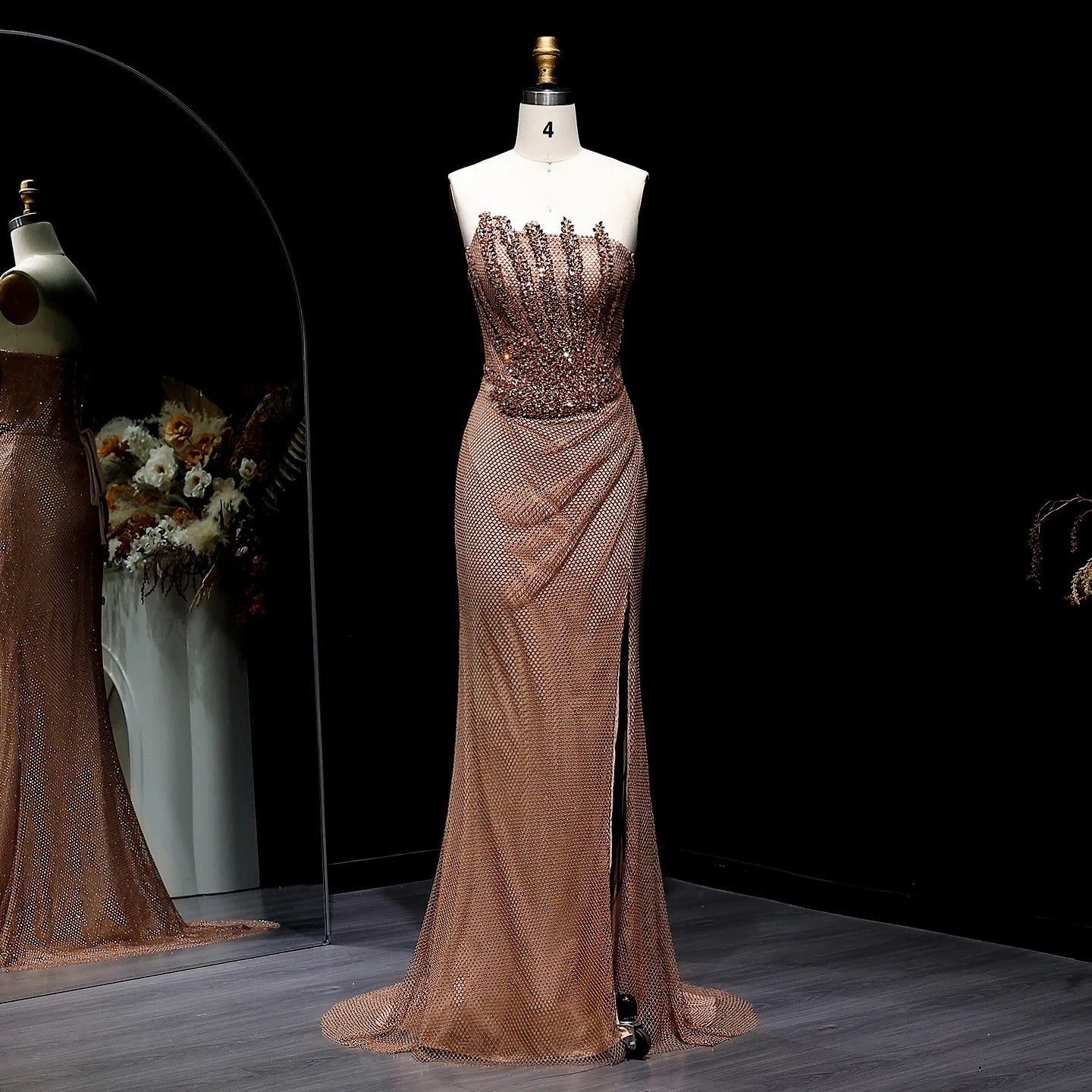 Crystal Beaded Mermaid Evening Dress With Slit — Caramel | KIMLUD
