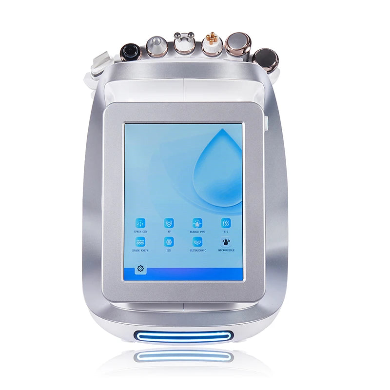 Stainless Steel 8 In 1 Hydra Oxygen Facial Cleansing Device With Dermabrasion RF Microneedling Vacuum — Ice Blue | KIMLUD