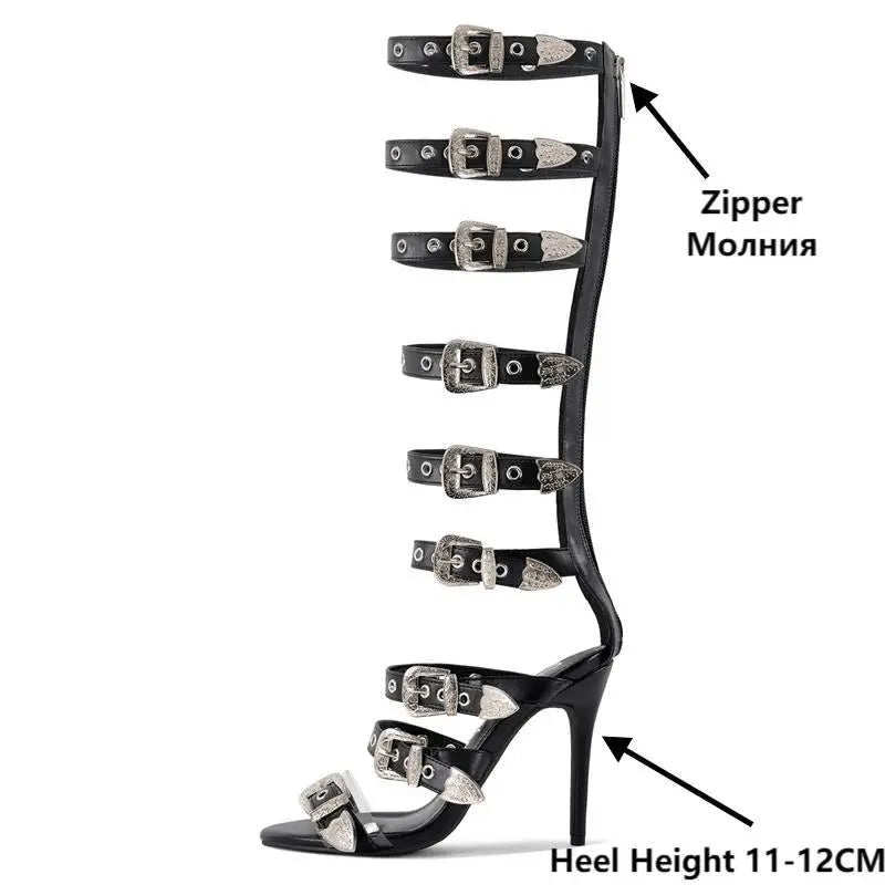 PU Gladiator Buckle Strappy Sandals Round Toe Stiletto 11 cm Heels — Black | KIMLUD