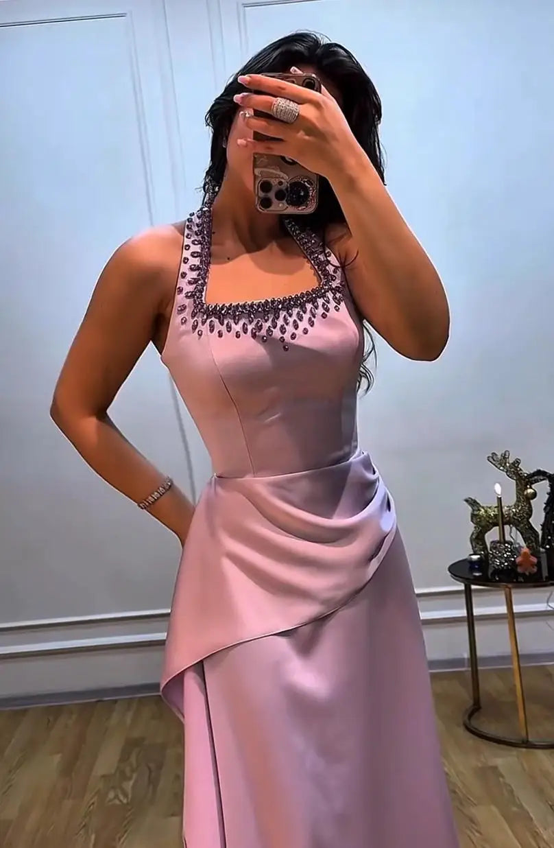 Halter Evening Dress – Rhinestone Beaded – Satin – Purple | KIMLUD