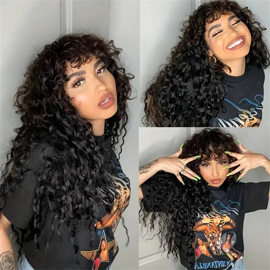 Curly Wig with Bangs – 180% Density – Human Hair – Darker Color | KIMLUD