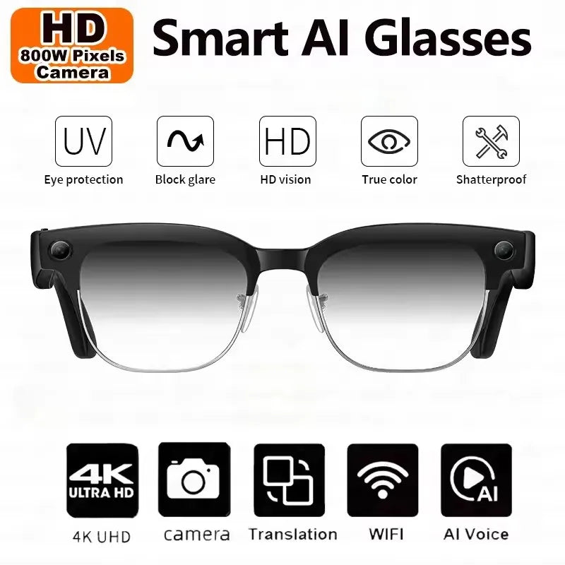 Cat Eye Smart Glasses 4K Dual Cameras AI Translator — Black | KIMLUD