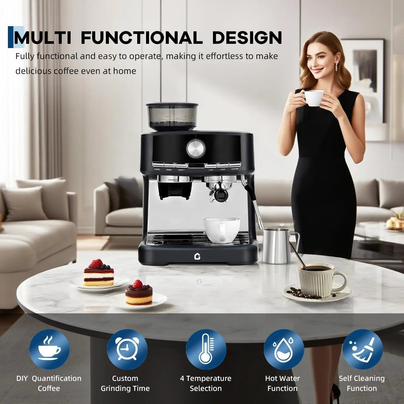 Espresso Machine – 15 Bar Pressure – With Milk Frother and Grinder – Plastic Housing | KIMLUD
