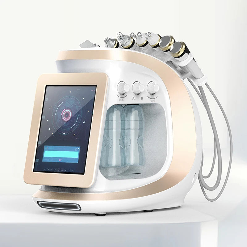 Stainless Steel 8 In 1 Hydra Oxygen Facial Cleansing Device With Dermabrasion RF Microneedling Vacuum — Ice Blue | KIMLUD