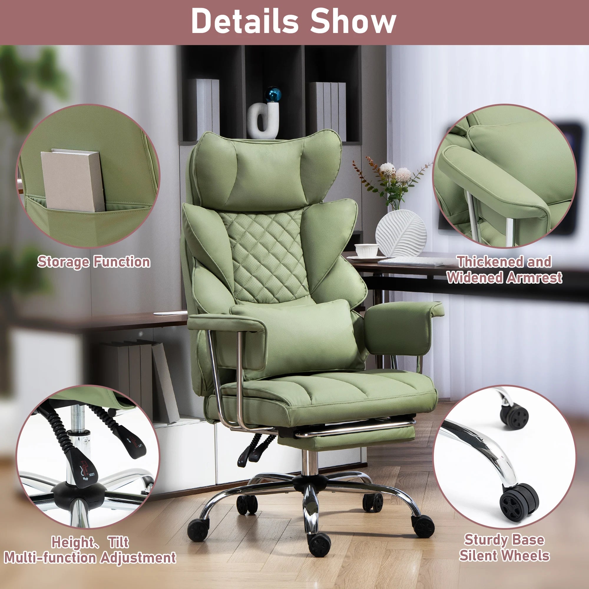Real Leather Executive Chair Height Adjustable Swivel With Footrest — Green | KIMLUD