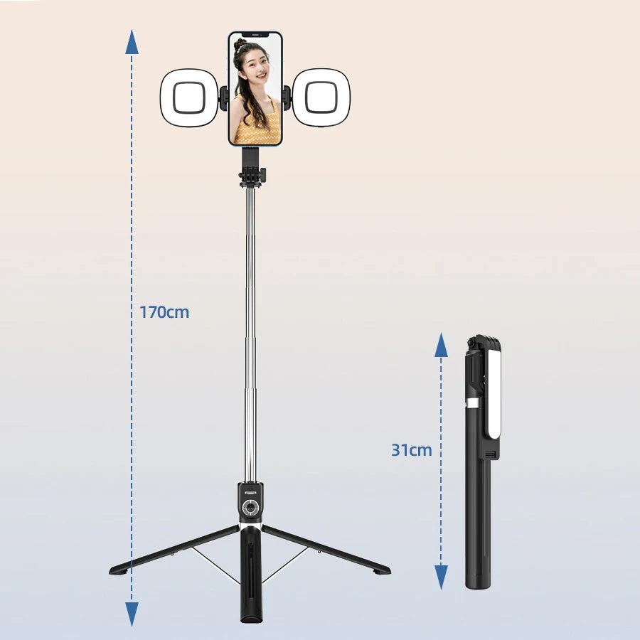 1.7M Extended Version Bluetooth Selfie Stick Double Fill Light Tripod with Remote Shutter for Android IOS Cell Phone