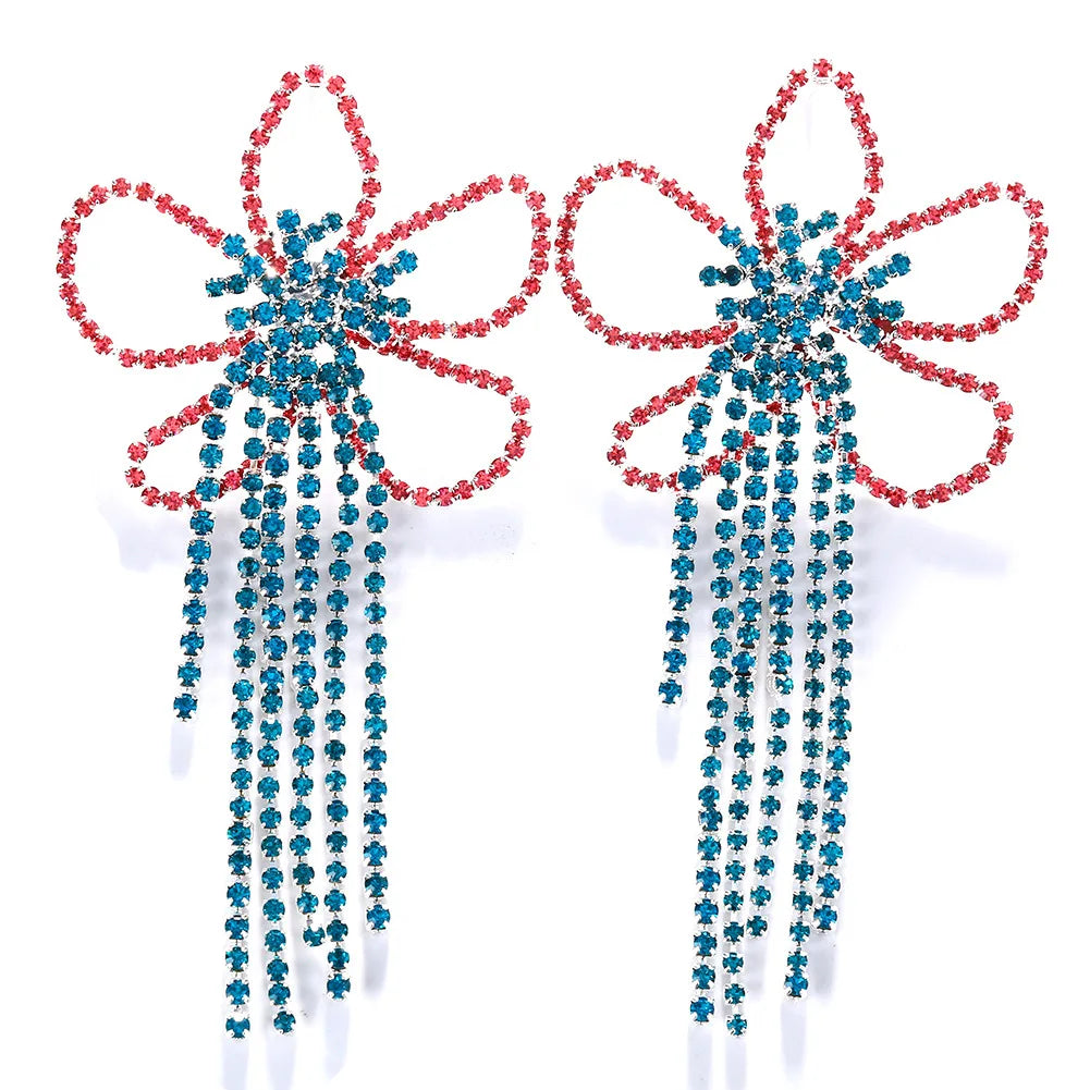 Statement Earrings Rhinestone Flower Design Long Tassel — Multicolor | KIMLUD