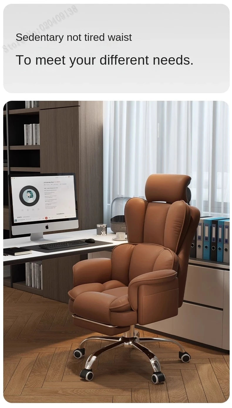 PU Leather Office Chair Ergonomic With Footrest — Caramel Brown | KIMLUD
