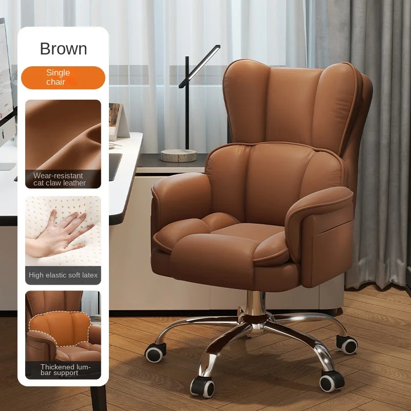 PU Leather Office Chair Ergonomic With Footrest — Caramel Brown | KIMLUD