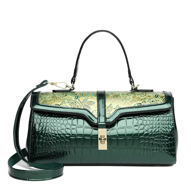 PU Crocodile Pattern Luxury Satchel Bag — Black | KIMLUD