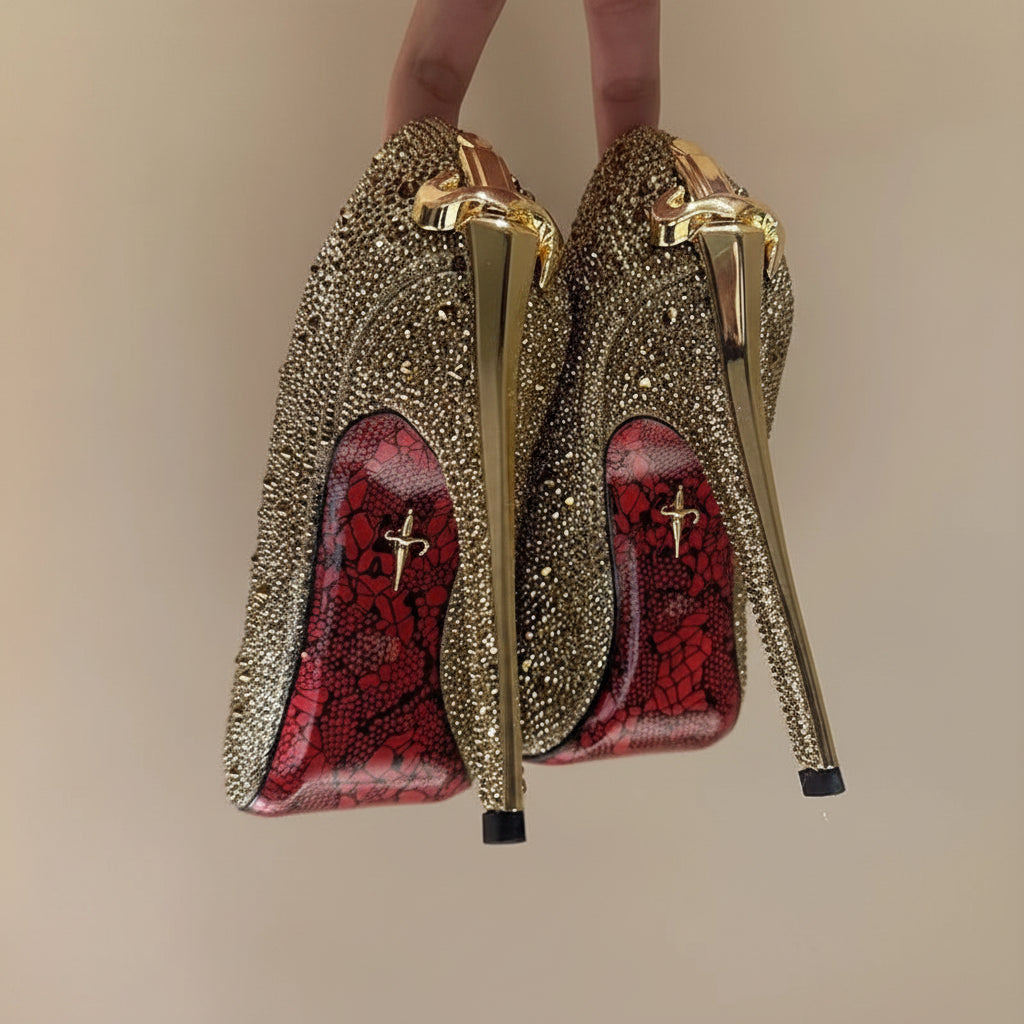 Rhinestone Pumps With Metal Decor — Black | KIMLUD